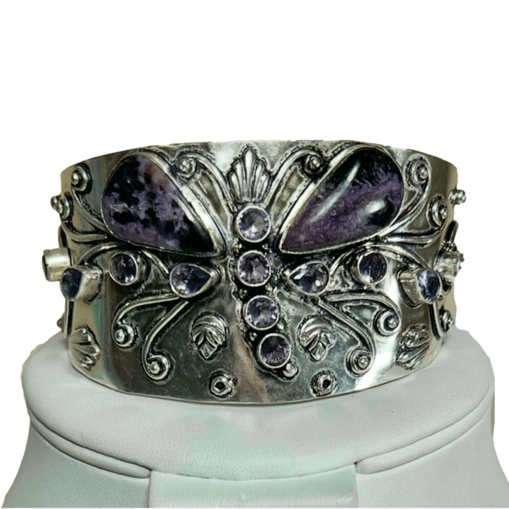 Vintage Style 925 Charoite Gemstone Bangle Bracelet